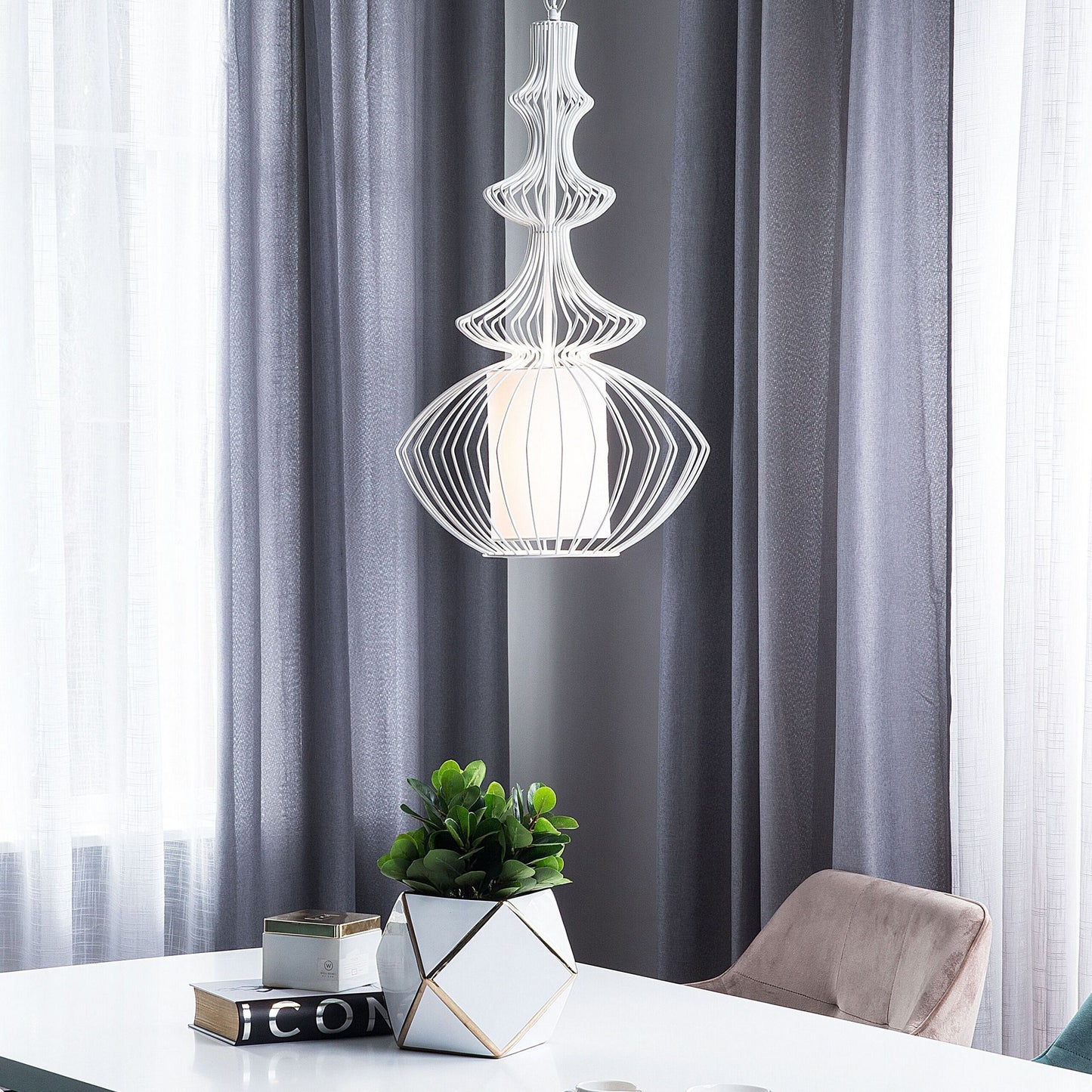 Pendant Ceiling Lamp White Metal Open Cage Shade Glamour
