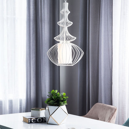 Pendant Ceiling Lamp White Metal Open Cage Shade Glamour
