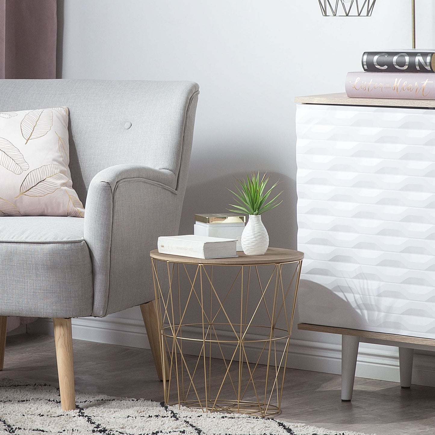 Geometric Glam Side Table With Gold Frame And Removable Top