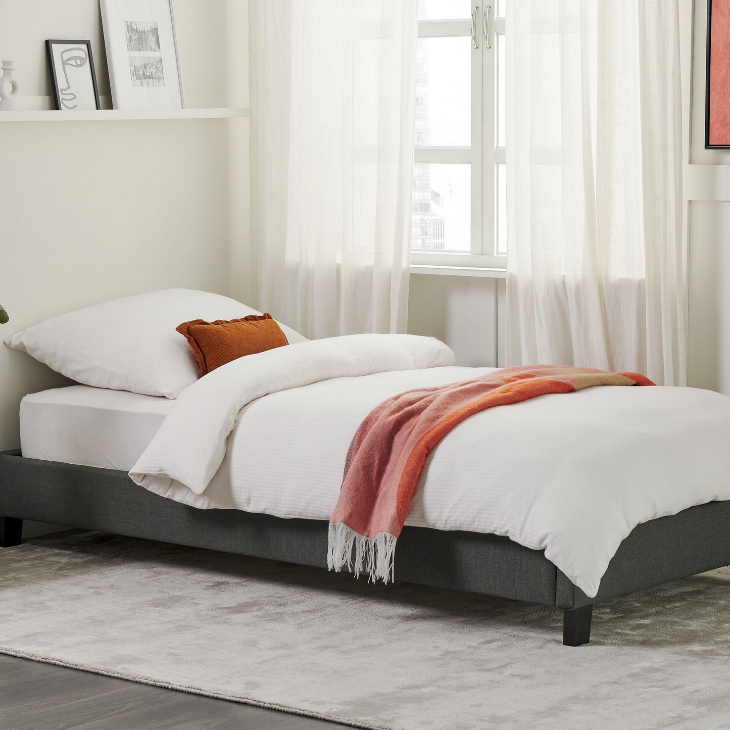 EU Single Bed 3ft Grey Fabric Slatted Frame Without Headboard