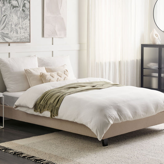 EU Double Size Beige Fabric Slatted Bed Frame 4ft6 No Headboard