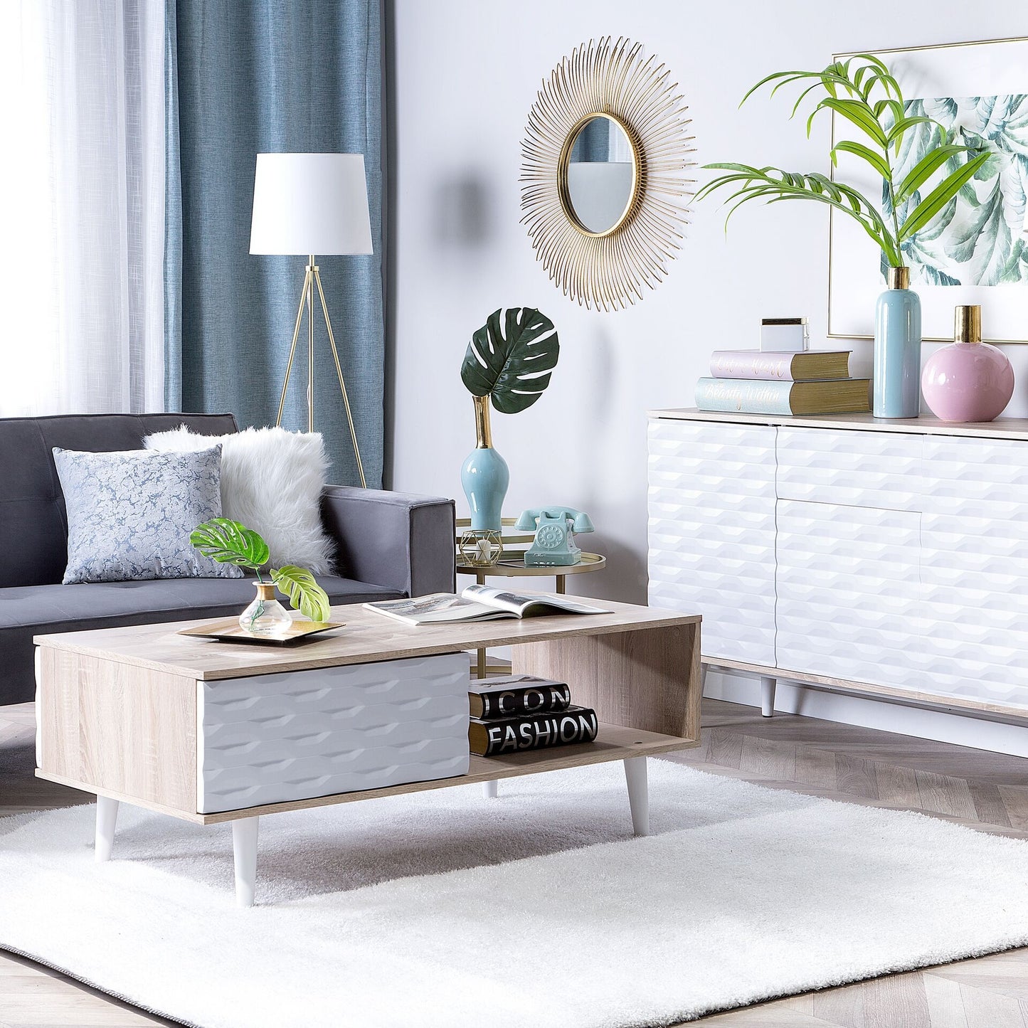 Light Brown And White Chipboard Coffee Table 120 X 60cm With One Drawer Scandinavian Modern