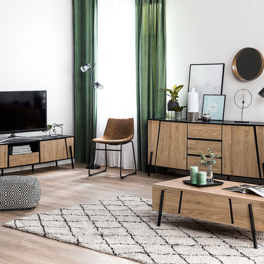 TV Stand Brown Black Metal Legs 76 Inch 1 Drawer 2 Cabinets