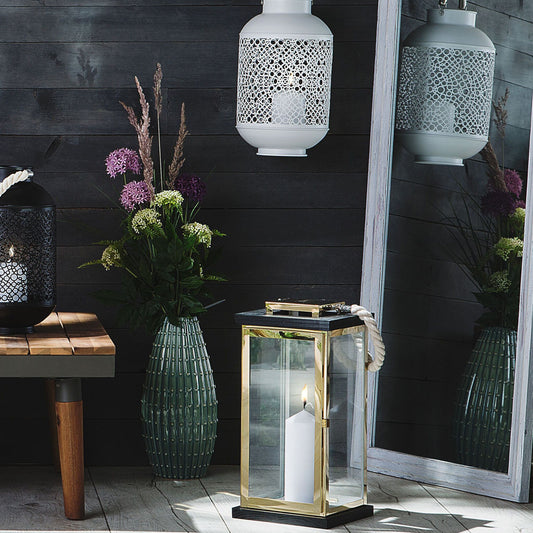 Nautical Lantern Black Wood And Gold Metal Rope Handle 41cm Pillar Candle Holder