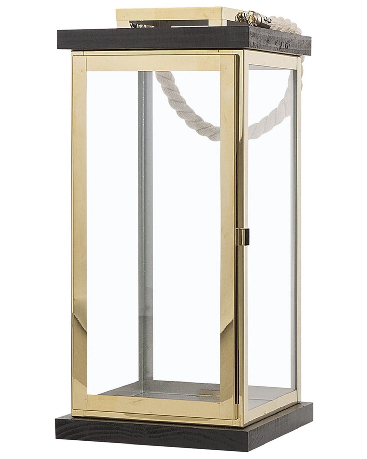 Nautical Lantern Black Wood And Gold Metal Rope Handle 41cm Pillar Candle Holder