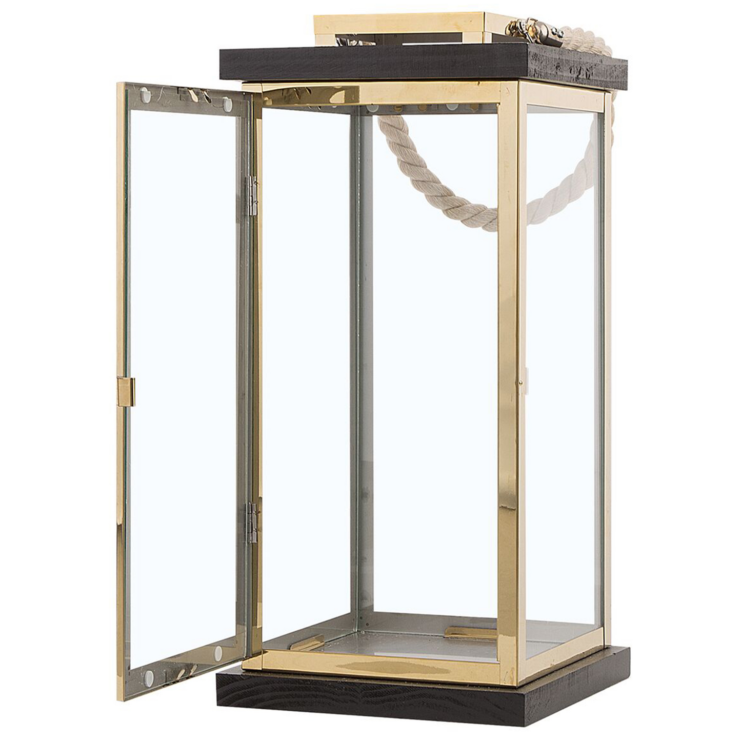 Nautical Lantern Black Wood And Gold Metal Rope Handle 41cm Pillar Candle Holder