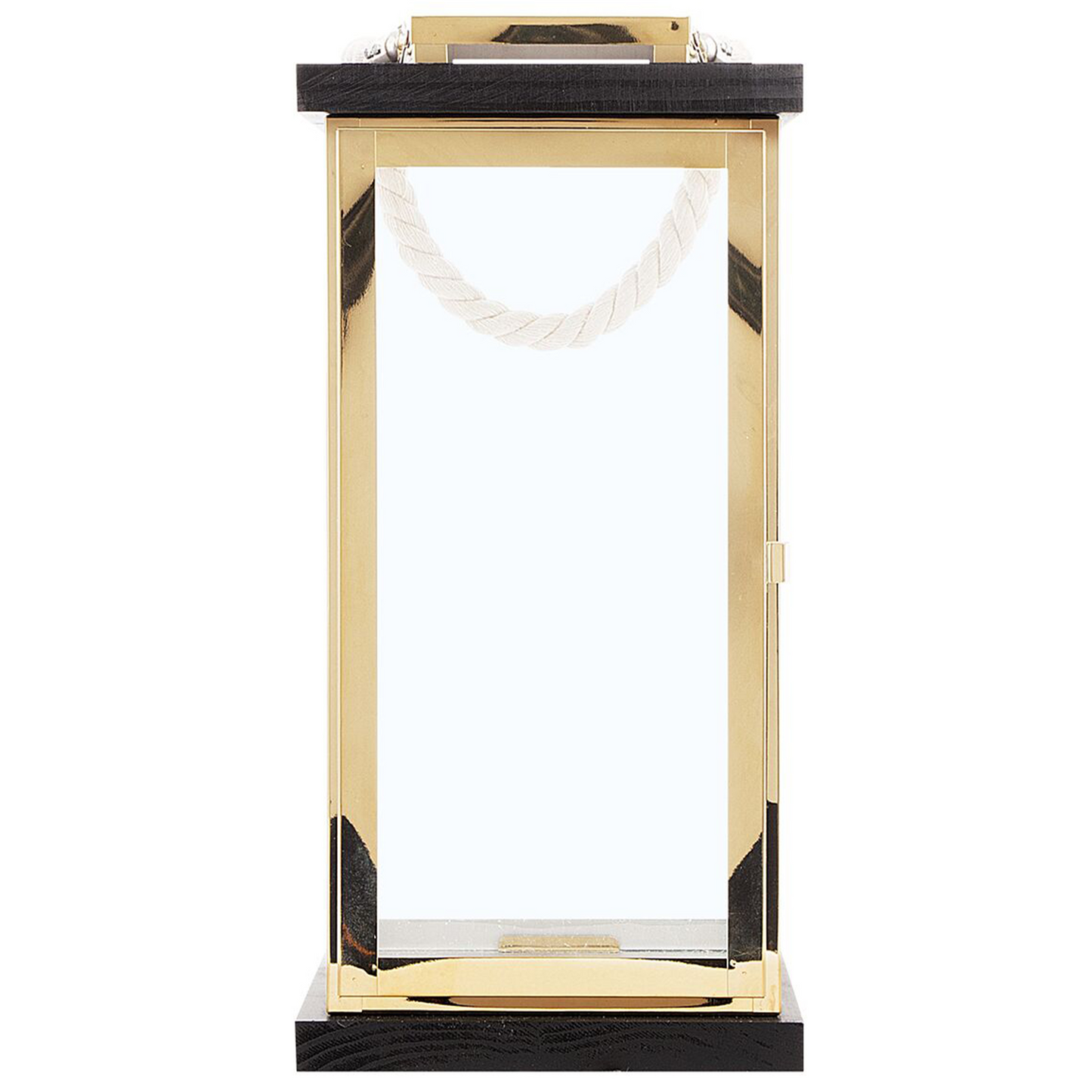 Nautical Lantern Black Wood And Gold Metal Rope Handle 41cm Pillar Candle Holder