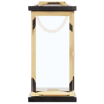 Nautical Lantern Black Wood And Gold Metal Rope Handle 41cm Pillar Candle Holder