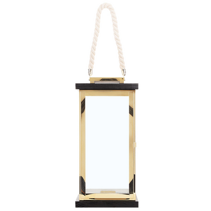 Nautical Lantern Black Wood And Gold Metal Rope Handle 41cm Pillar Candle Holder