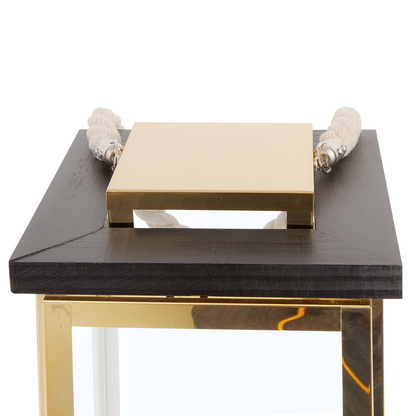 Nautical Lantern Black Wood And Gold Metal Rope Handle 41cm Pillar Candle Holder