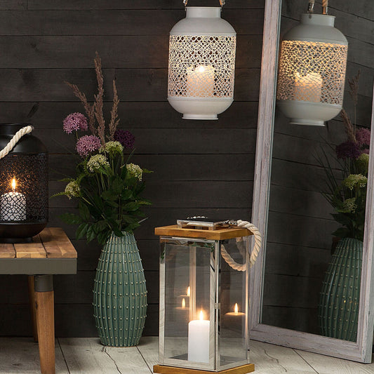 Lantern Light Wood And Silver Metal Pillar Candle Holder With Rope Handle 41cm For Indoor Use