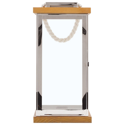Lantern Light Wood And Silver Metal Pillar Candle Holder With Rope Handle 41cm For Indoor Use