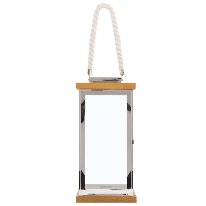 Lantern Light Wood And Silver Metal Pillar Candle Holder With Rope Handle 41cm For Indoor Use