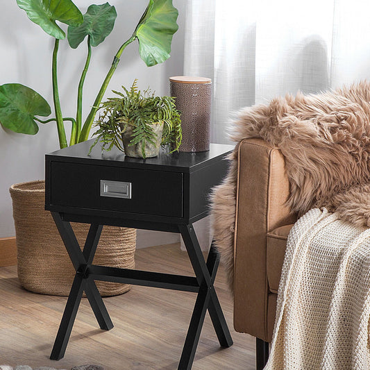 Nordic Living Bedside Table Black Rectangular Top With Storage Drawer And Wooden Scandinavian Legs