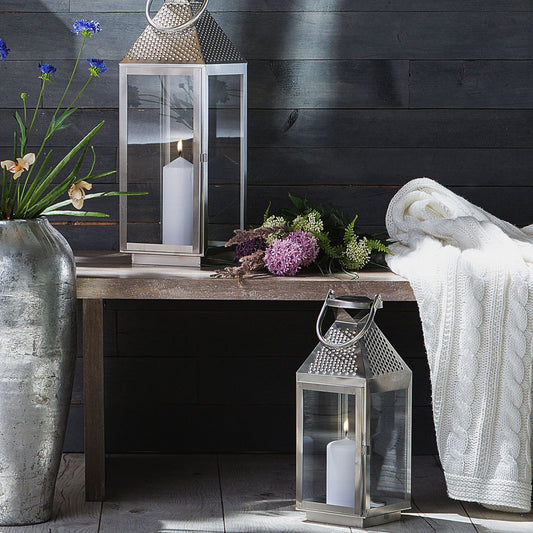 Lumenique Silver Stainless Steel Lantern 55cm Pillar Candle Holder