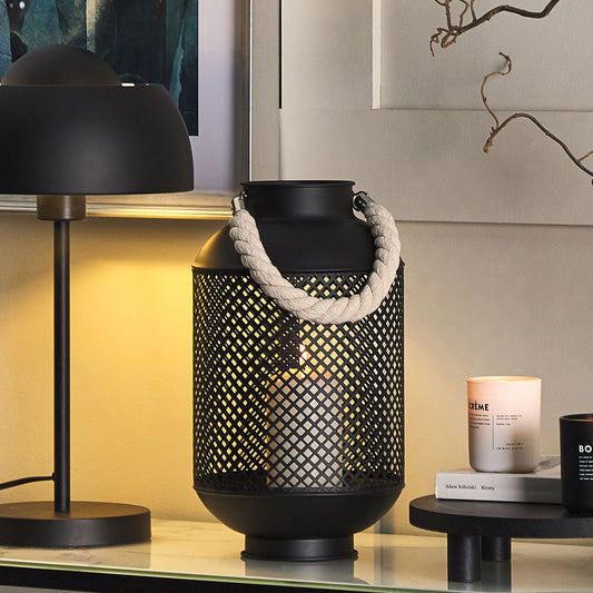 Lantern Black Metal Openwork Rope Handle Single Candle