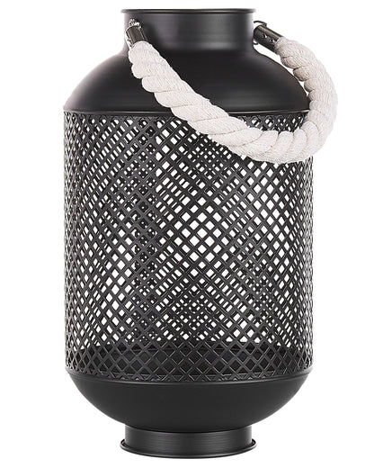 Lantern Black Metal Openwork Rope Handle Single Candle