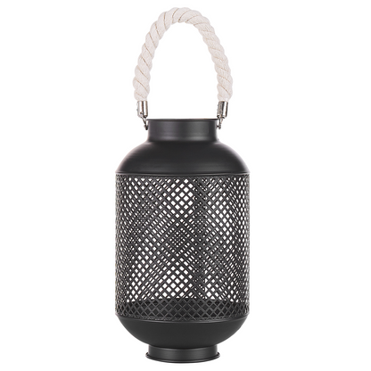 Lantern Black Metal Openwork Rope Handle Single Candle