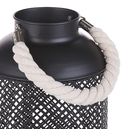 Lantern Black Metal Openwork Rope Handle Single Candle