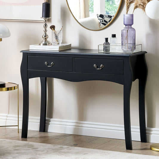 Black Console Table With Two Drawers Made From Manufactured Wood Vintage Hallway Furniture 100 x 35cm