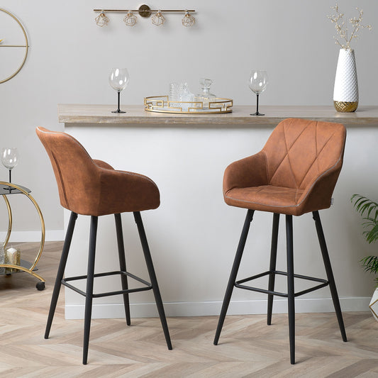 Brown Fabric Bar Stool Set Of 2 With Arms Quilted Backrest