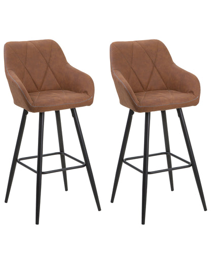 Brown Fabric Bar Stool Set Of 2 With Arms Quilted Backrest