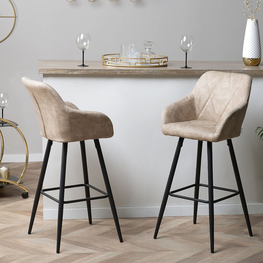 Beige Fabric Bar Stools Set With Arms And Quilted Back