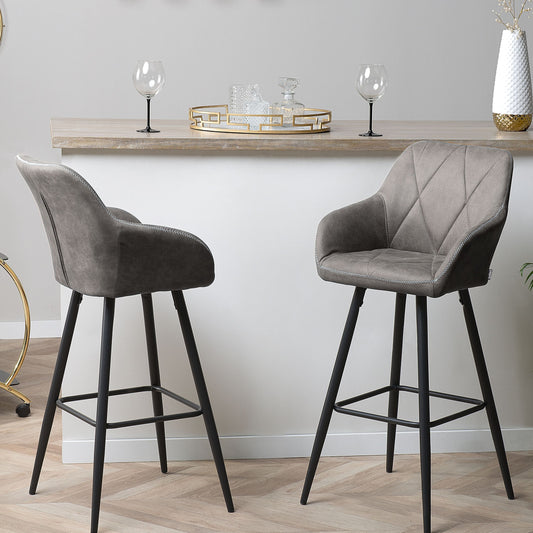 Set Of 2 Grey Fabric Bar Stools With Arms Quilted Backrest