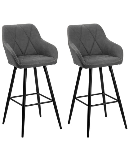Set Of 2 Grey Fabric Bar Stools With Arms Quilted Backrest