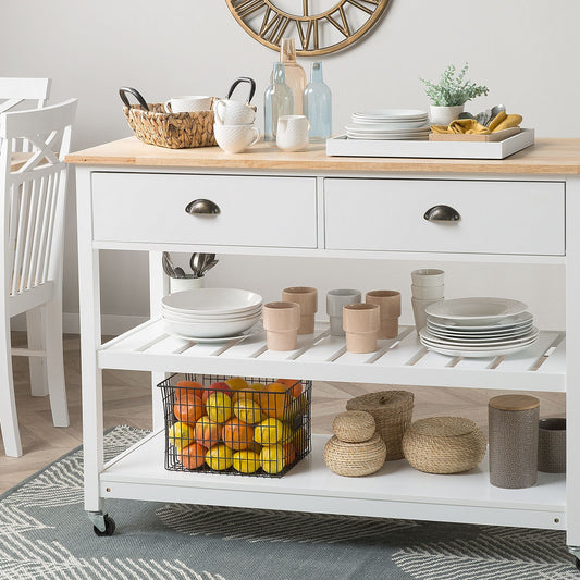 Nordic Kitchen Trolley White Wood Top With Two Shelves And Two Drawers On Casters