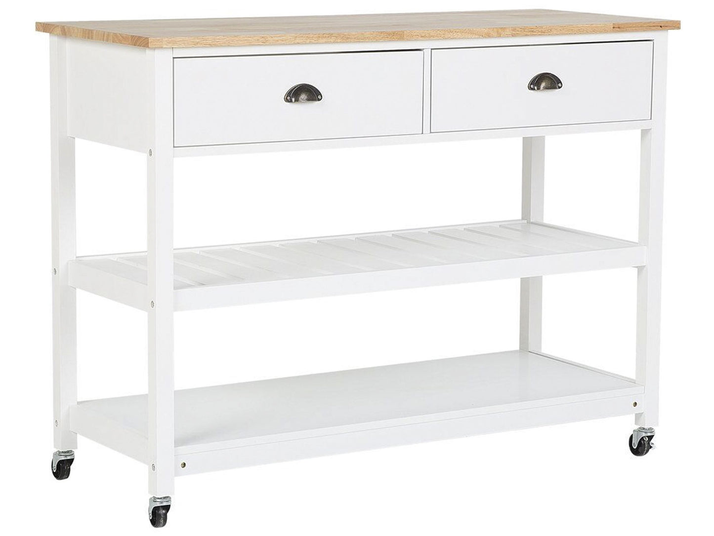 Nordic Kitchen Trolley White Wood Top With Two Shelves And Two Drawers On Casters