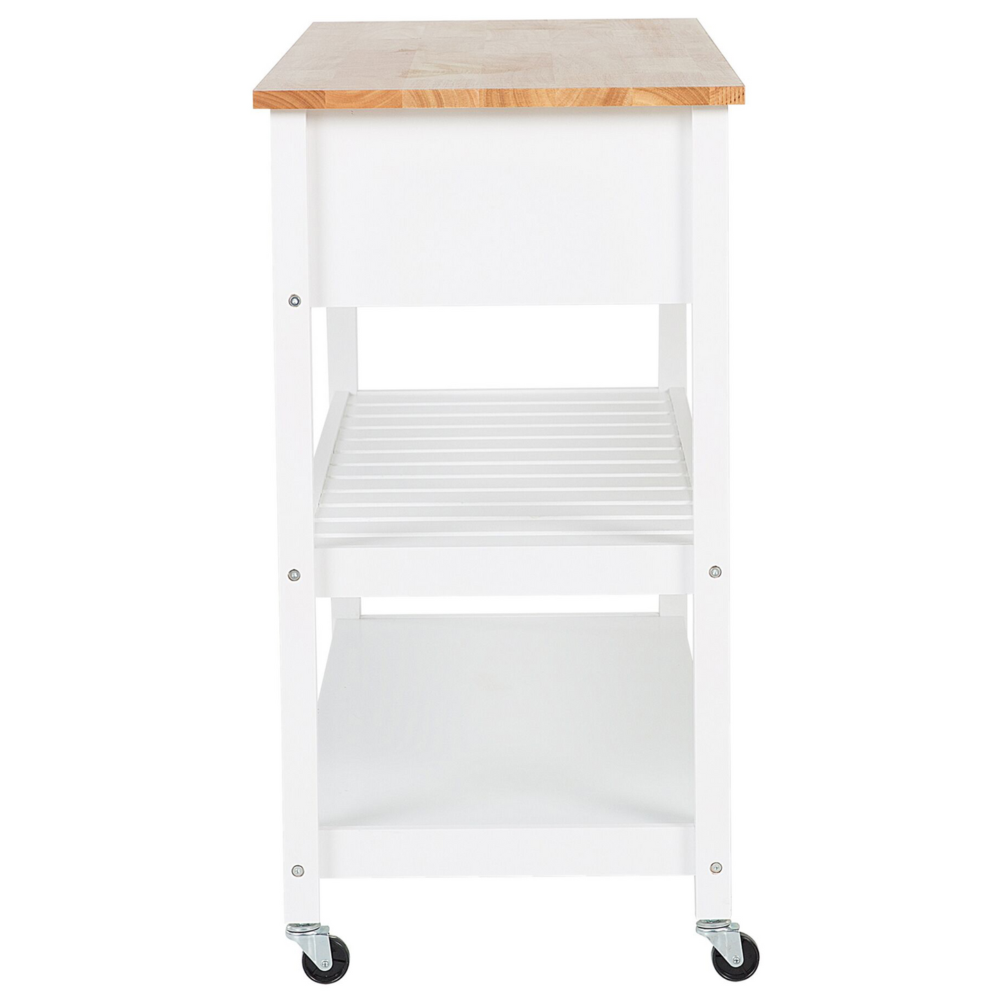 Nordic Kitchen Trolley White Wood Top With Two Shelves And Two Drawers On Casters