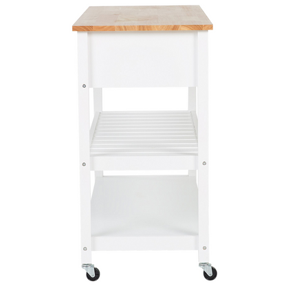 Nordic Kitchen Trolley White Wood Top With Two Shelves And Two Drawers On Casters