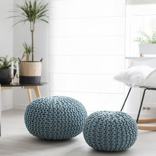 Light Blue Knitted Pouf Ottoman With EPS Beads 50 x 35cm