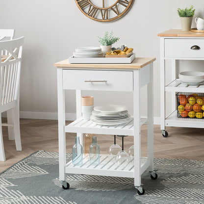 NordicWood Kitchen Trolley White Rubberwood MDF 3 Shelves Cutlery Drawer Bottle Rack Casters 58 x 40 x 85 cm