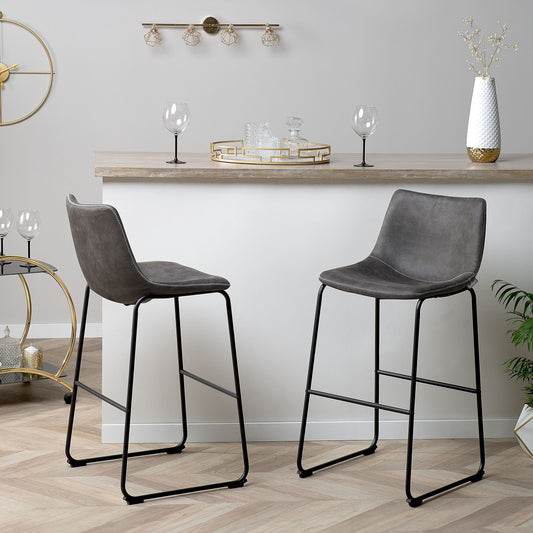 Set Of 2 Bar Stools Dark Grey Fabric Black Metal Legs