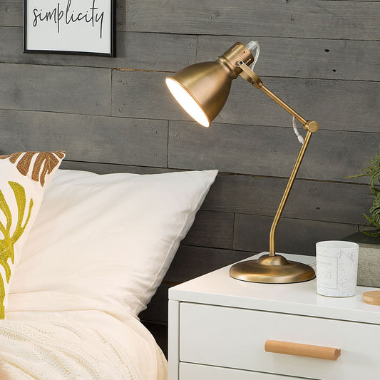 Brass Table Lamp Adjustable Arm Reading Light Round Shade