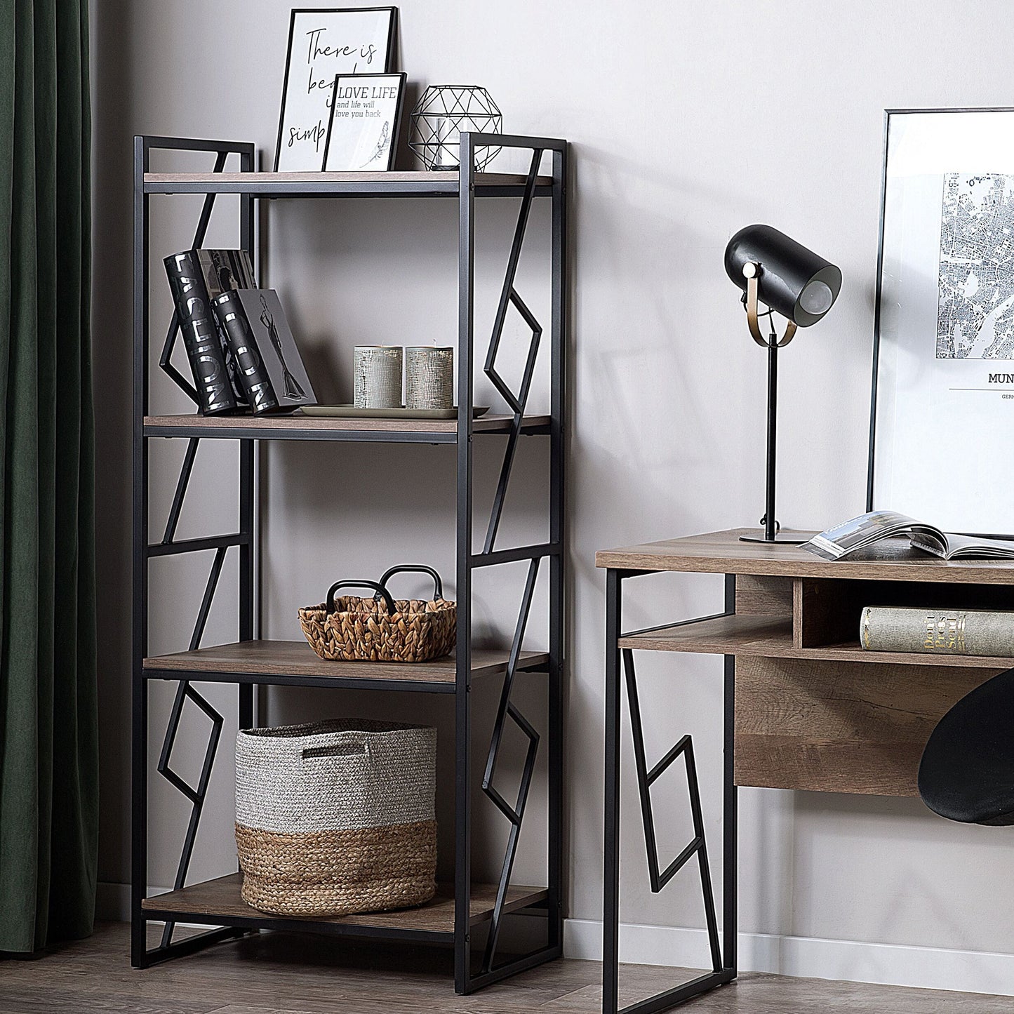 Industrial Minimalist 4 Tier Open Shelf Bookcase With Dark Brown Wood Finish And Black Metal Frame