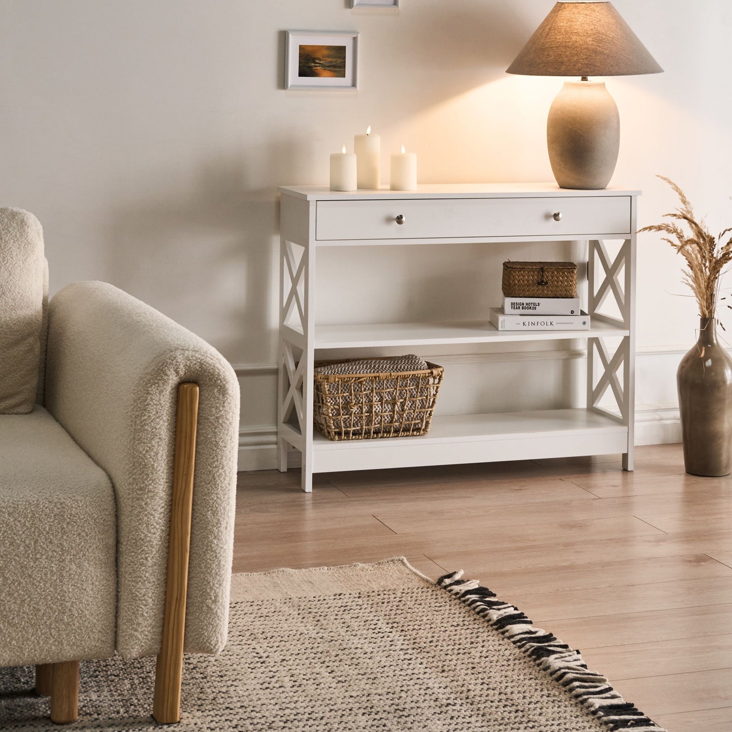 Nordic Home White Sideboard 100 x 30cm With 1 Drawer And 2 Shelves Country Style