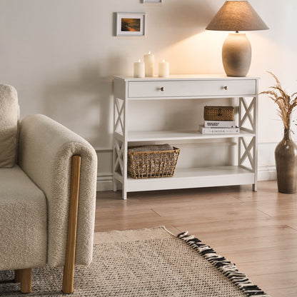 Nordic Home White Sideboard 100 x 30cm With 1 Drawer And 2 Shelves Country Style