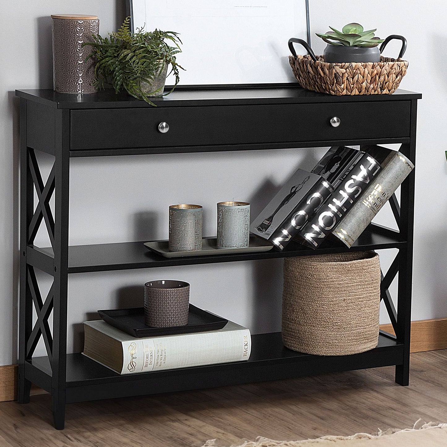 Sideboard 100 x 30cm Black With 1 Drawer And 2 Shelves