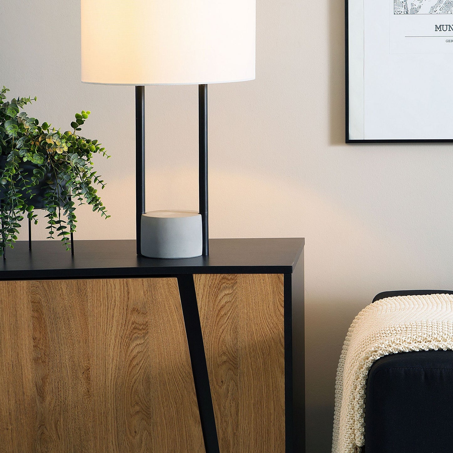 Table Lamp Bedside Light White Fabric Round Drum Shade With Grey Concrete Base