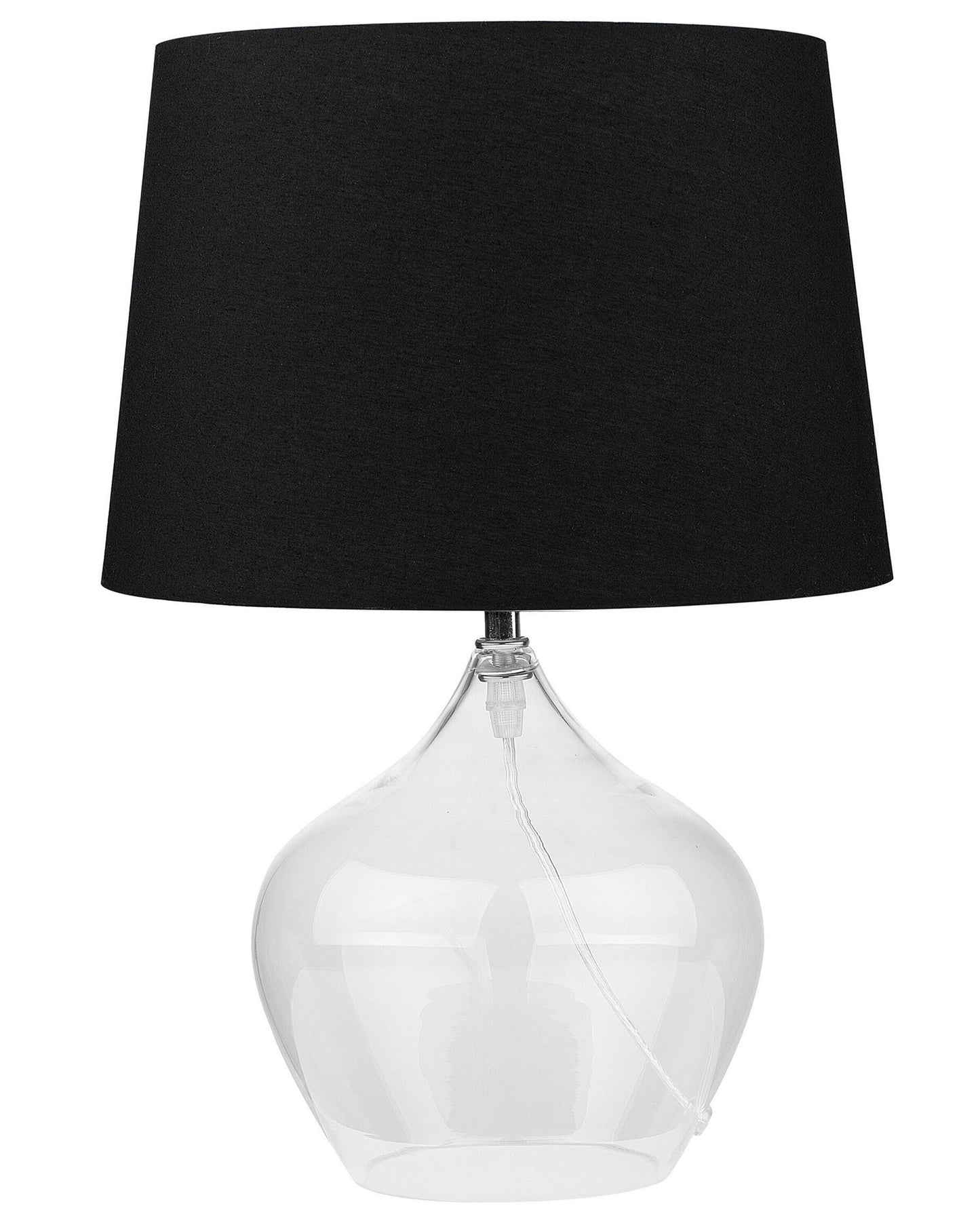 Table Lamp With Transparent Glass Base And Black Drum Shade