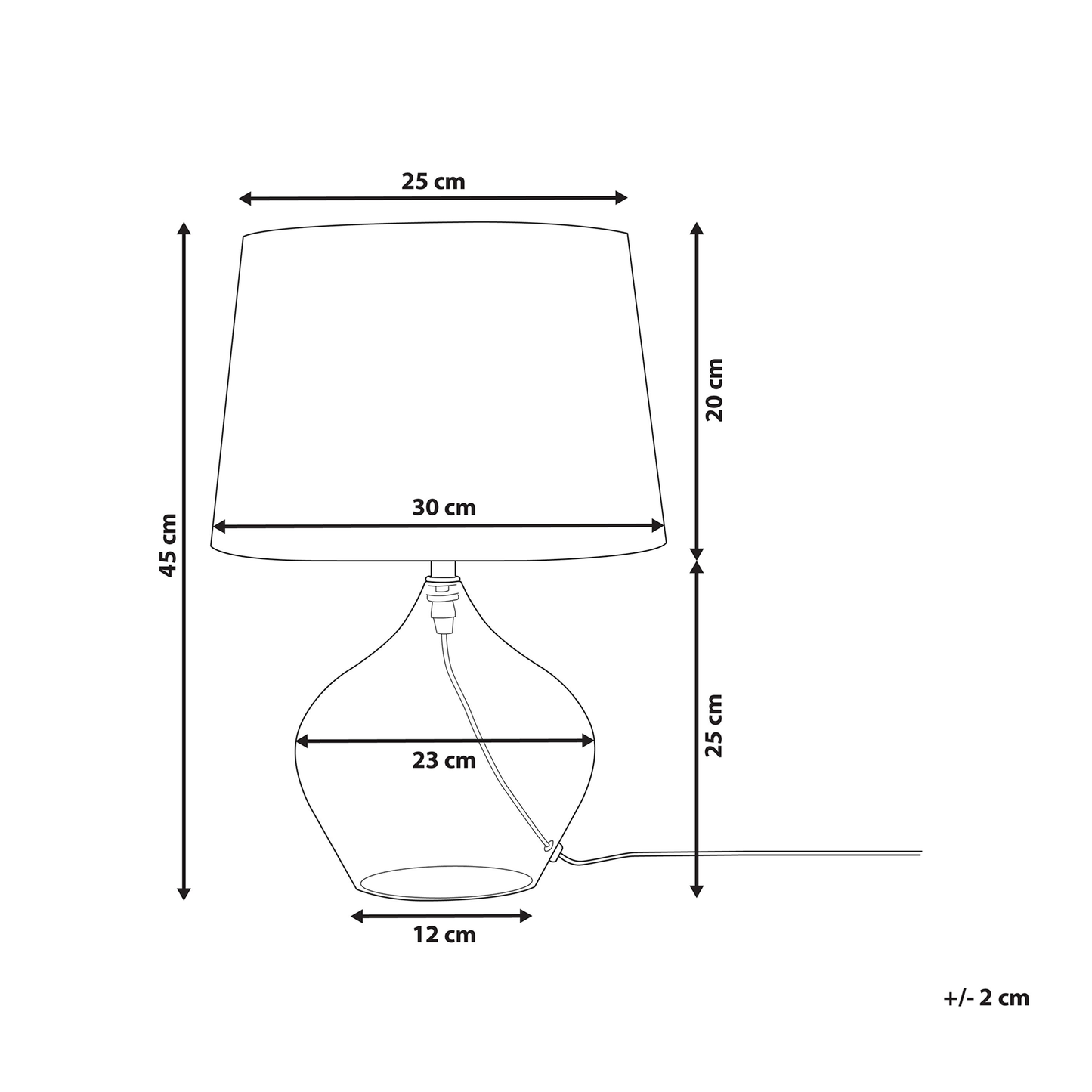 Table Lamp With Transparent Glass Base And Black Drum Shade