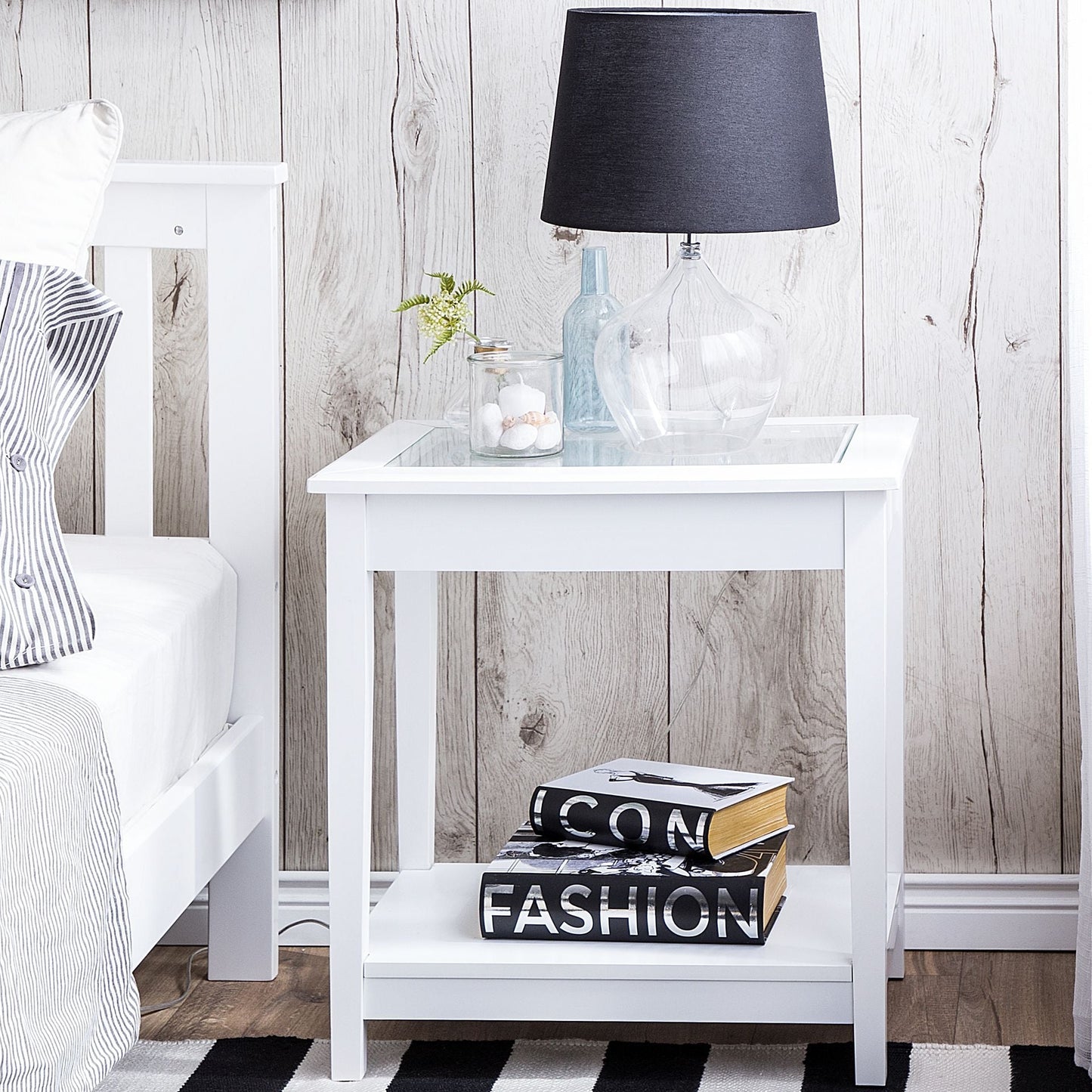Brand White Glass Top Side Table 57x40 cm One Shelf Bedside