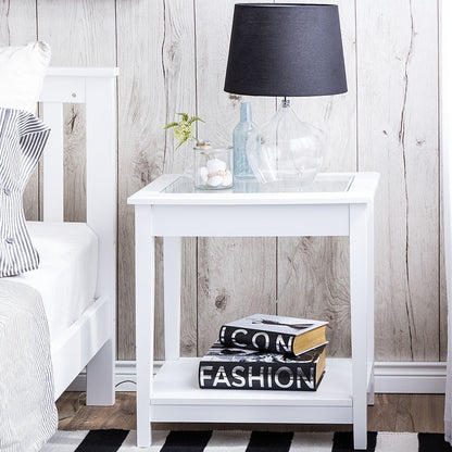 Brand White Glass Top Side Table 57x40 cm One Shelf Bedside
