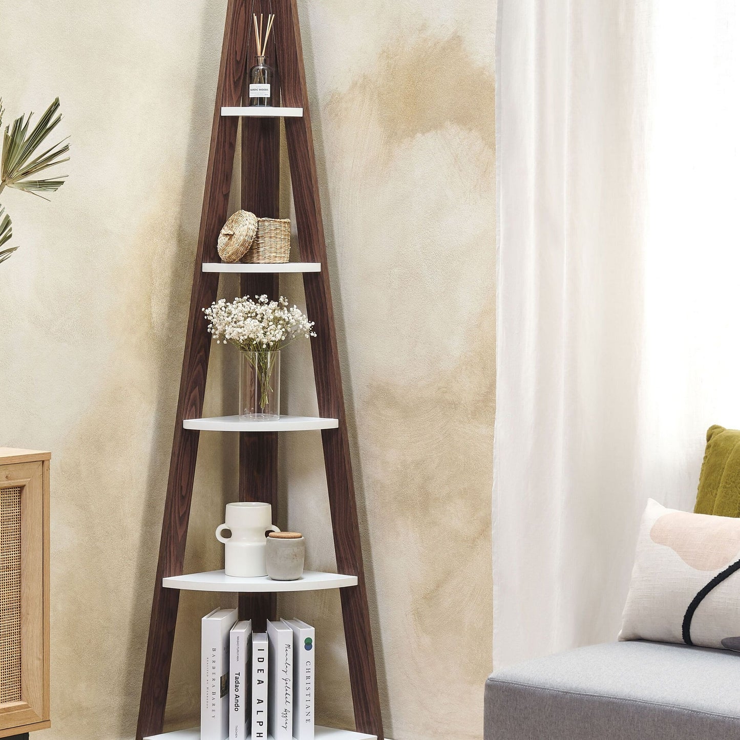 4 Tier Ladder Bookcase Dark Brown White Corner Shelf