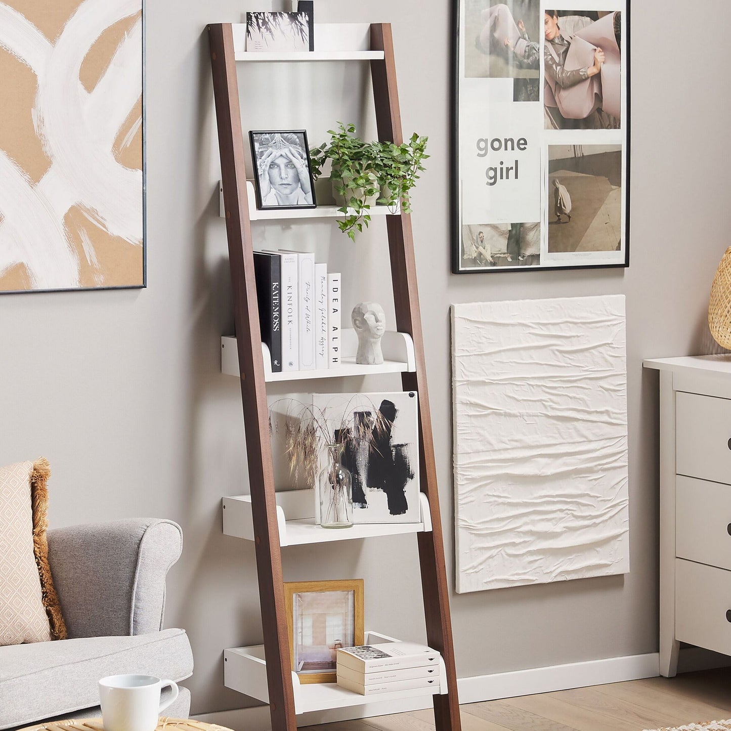 4 Tier Ladder Bookcase Dark Wood With White Shelf Display Modern Home Office