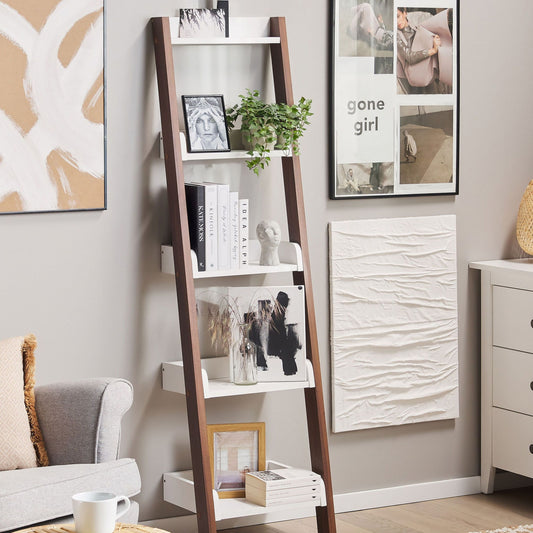 4 Tier Ladder Bookcase Dark Wood With White Shelf Display Modern Home Office