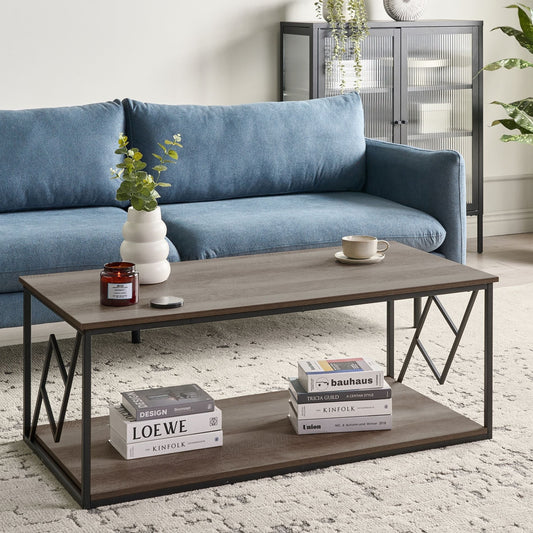 Coffee Table Dark Brown Top Black Metal Frame 120 x 60cm